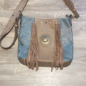 Justin Turquoise Floral Leather Fringe W/ Studs